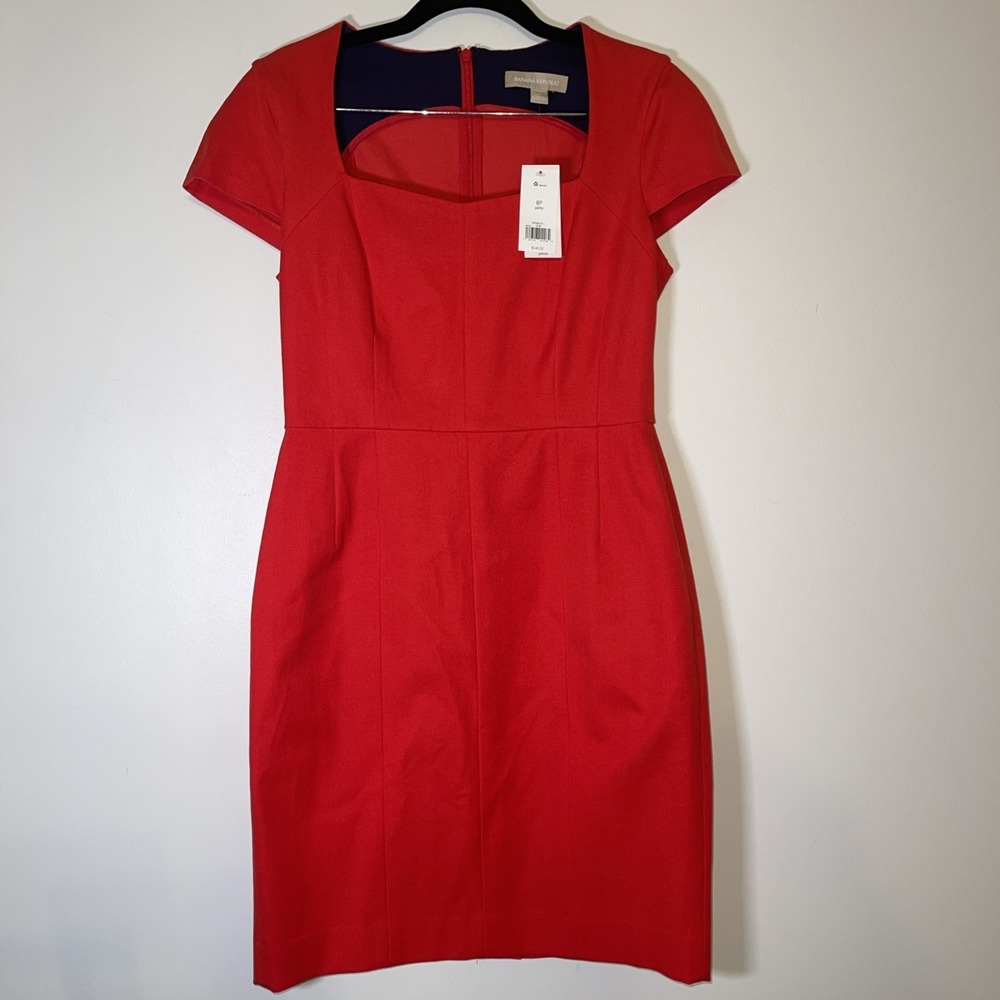 Banana Republic Dress Women's 8P Red Stretch Square Neck‎ Cap Sleeve Sheath NWT